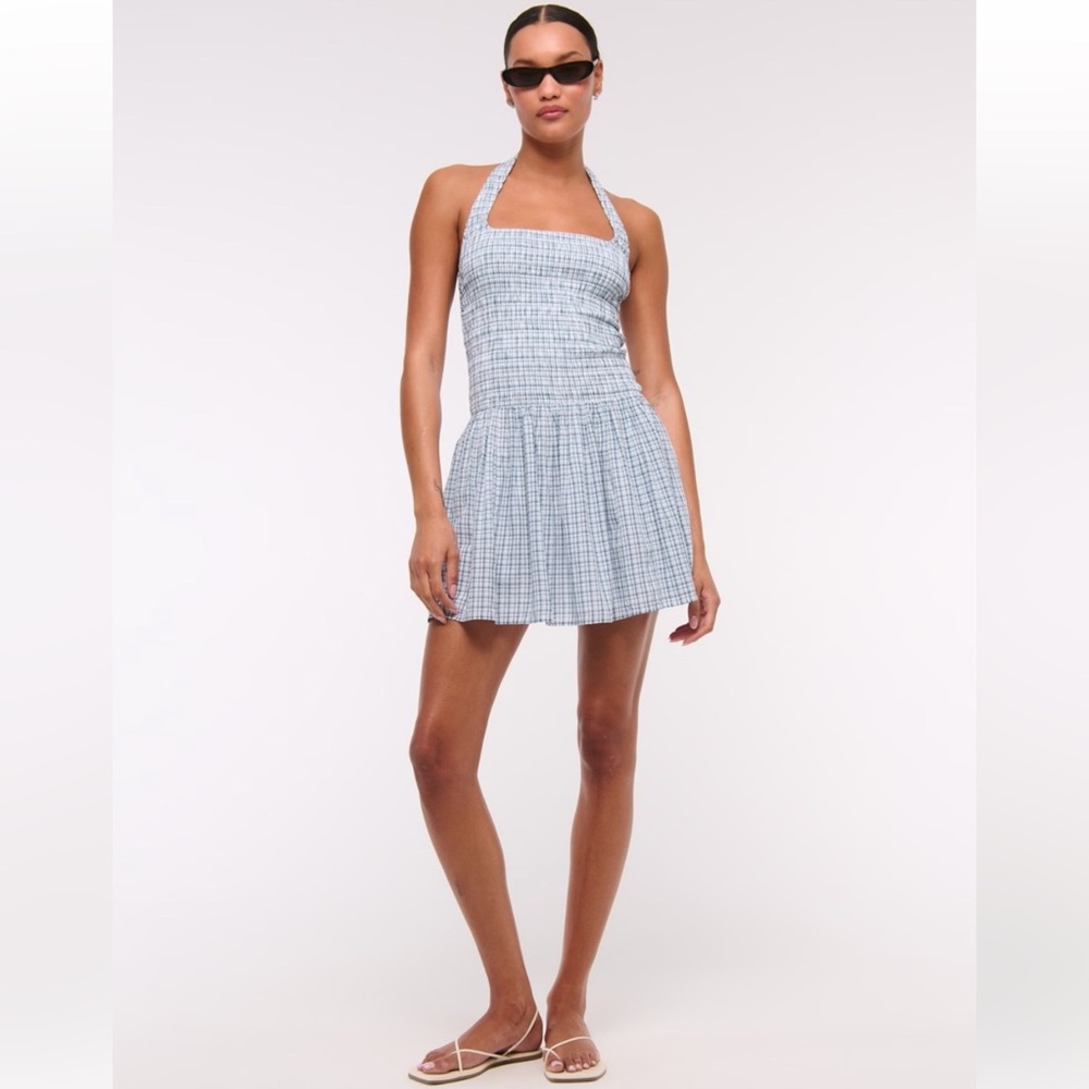 Abercrombie & Fitch Blue Plaid Halter Smocked Mini Dress